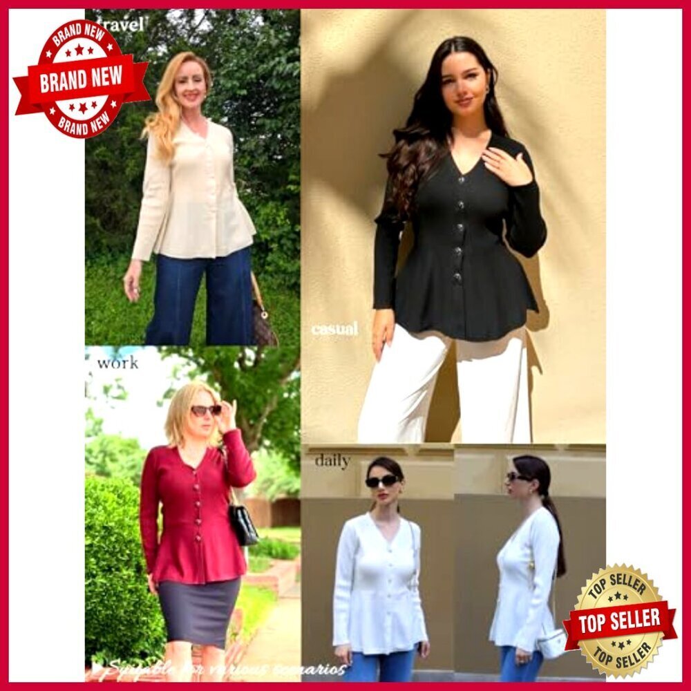 Long Sleeve Peplum Cardigan Knit Blazer Lightweight Business Casual Elegant - Picture 2 of 7